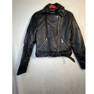 Express Moto Jacket Womens XS Black Faux Leather Cropped Belted Biker Zip Punk
